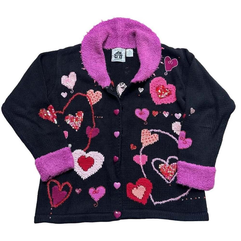 Storybook Knits Cardigan Sweater Size M Black Hearts Sequin Beaded